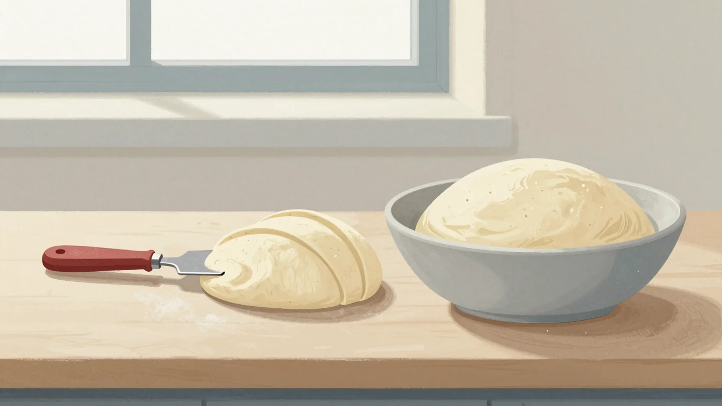Gouache painting: on a bakery bench a narrow stoneware crock holds risen dough that has been sliced flat at its rim by a bench scraper