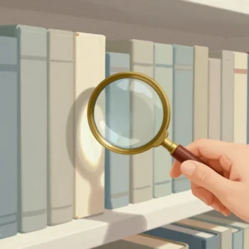 A hand moving a magnifying glass along a shelf of plain matching books, one book pulled halfway out.