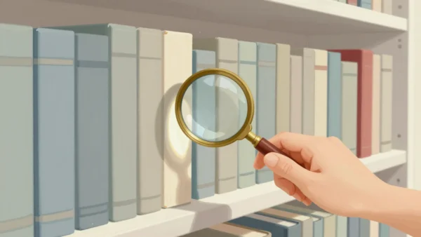 A hand moving a magnifying glass along a shelf of plain matching books, one book pulled halfway out.