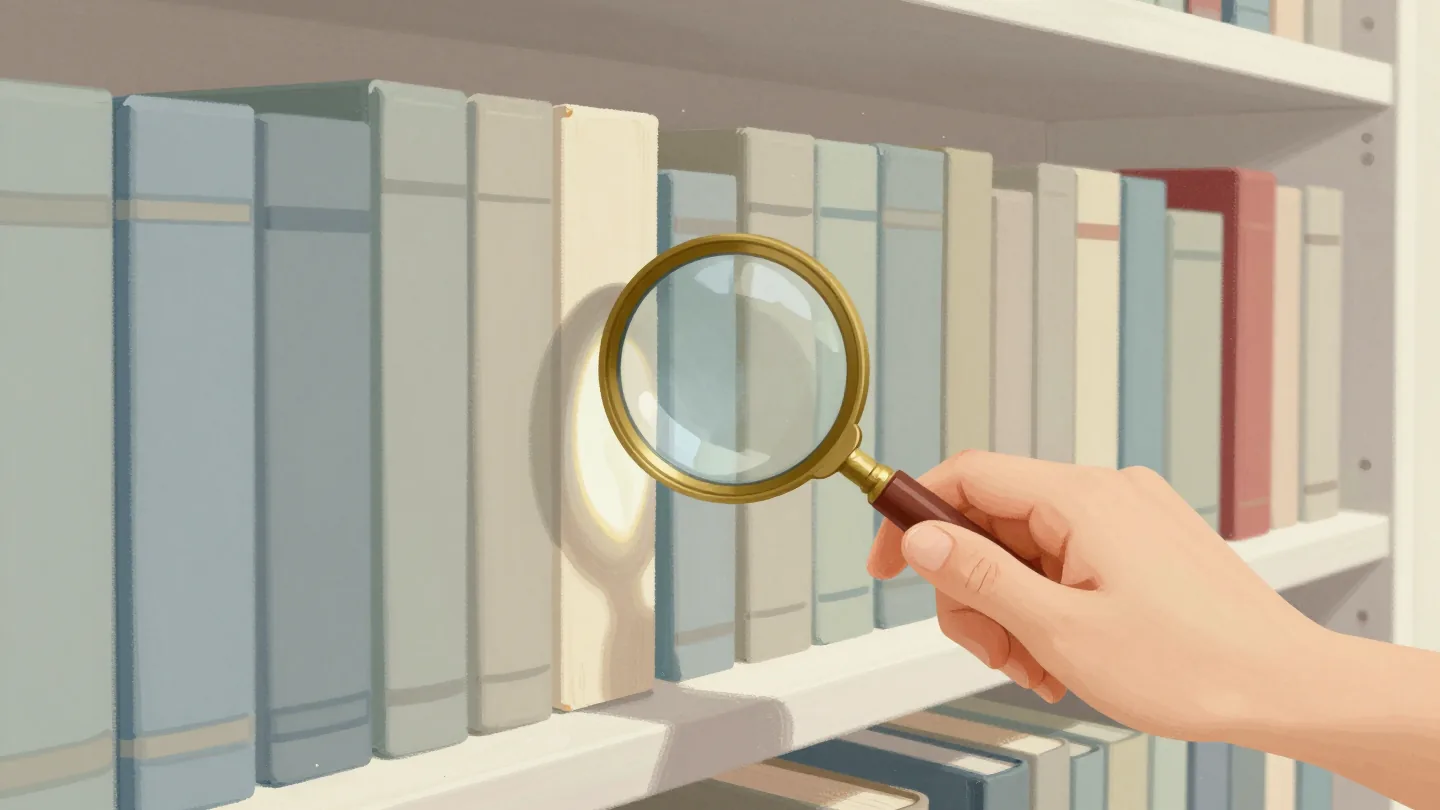 A hand moving a magnifying glass along a shelf of plain matching books, one book pulled halfway out.