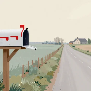 A country mailbox with its red flag raised stands at the end of an empty lane in light rain.