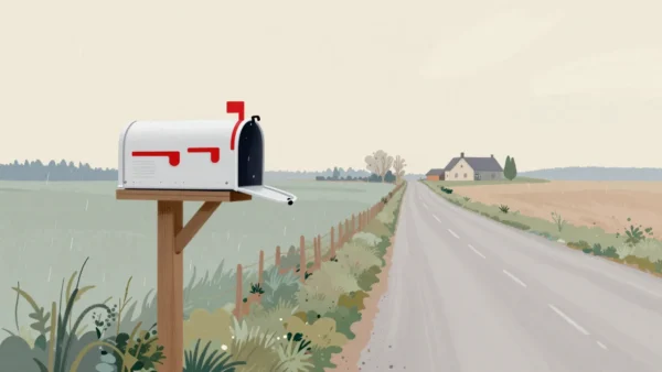 A country mailbox with its red flag raised stands at the end of an empty lane in light rain.