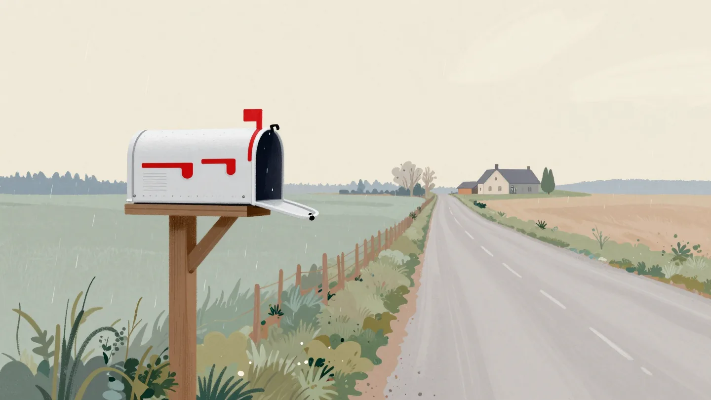 A country mailbox with its red flag raised stands at the end of an empty lane in light rain.