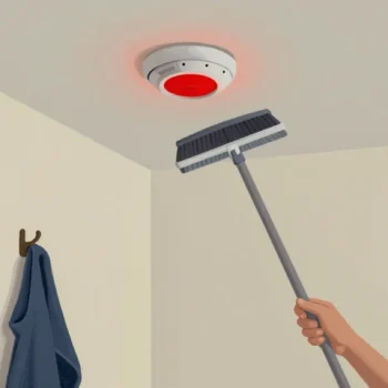 A hand using a broom handle to press the test button on a ceiling smoke alarm in a calm hallway