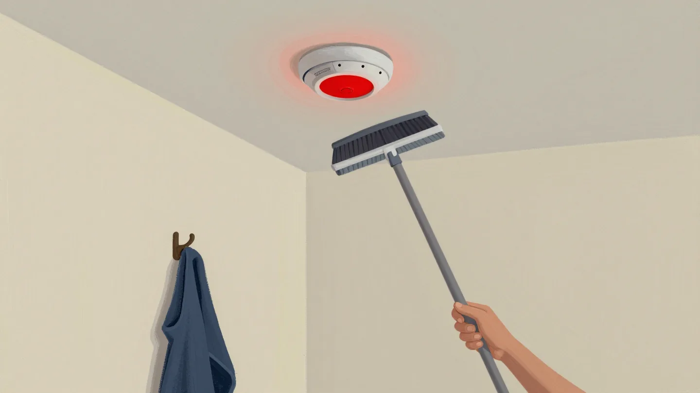 A hand using a broom handle to press the test button on a ceiling smoke alarm in a calm hallway