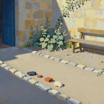 A pale-stone path border is accompanied by a separate slate, two bricks and a shell in a sunlit courtyard