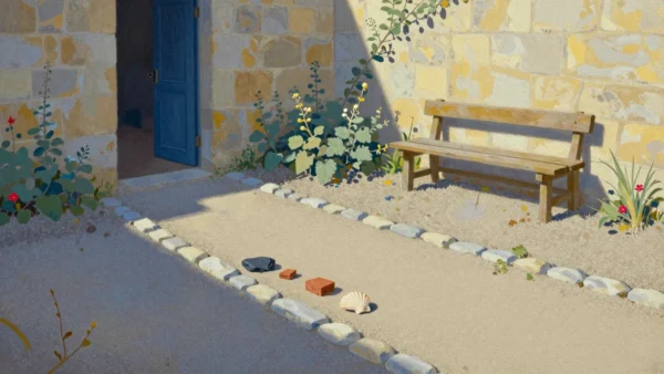 A pale-stone path border is accompanied by a separate slate, two bricks and a shell in a sunlit courtyard