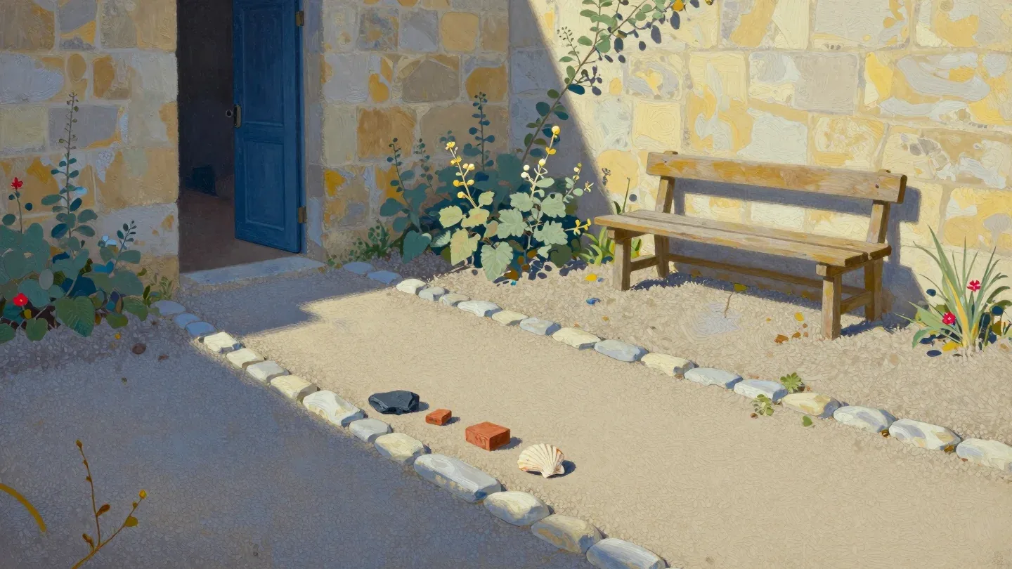 A pale-stone path border is accompanied by a separate slate, two bricks and a shell in a sunlit courtyard