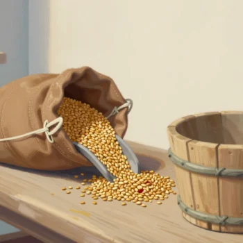 Gouache painting: a leather sack tipped over a wooden chute pours golden grain into a narrow stoneware crock, which overflows across the bench