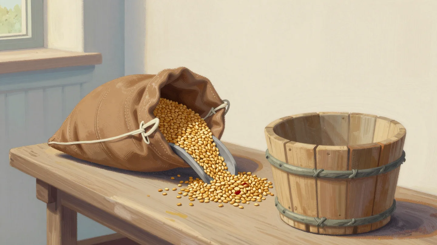 Gouache painting: a leather sack tipped over a wooden chute pours golden grain into a narrow stoneware crock, which overflows across the bench