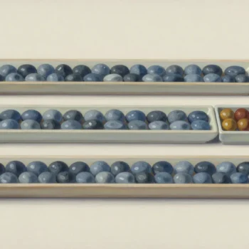 Three long shallow trays of blue ceramic pebbles beside a small square tray of six ochre and rust beads.