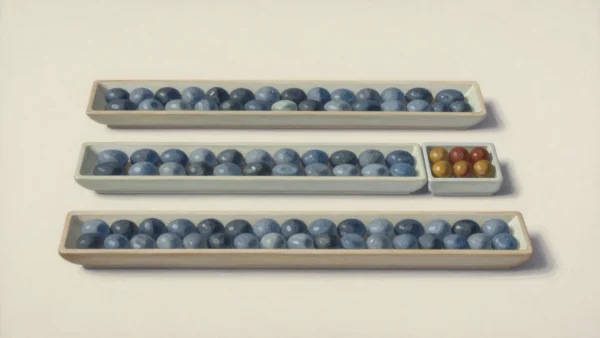 Three long shallow trays of blue ceramic pebbles beside a small square tray of six ochre and rust beads.