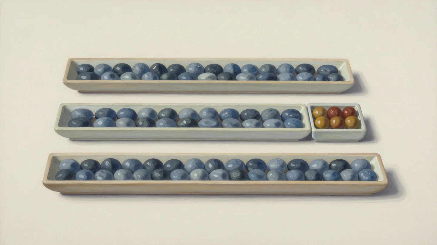 Three long shallow trays of blue ceramic pebbles beside a small square tray of six ochre and rust beads.