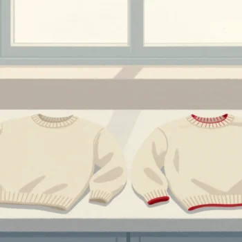 Gouache painting: on a laundry table, two wool sweaters lie side by side, the same cream color, each with the same vermilion loop at the collar