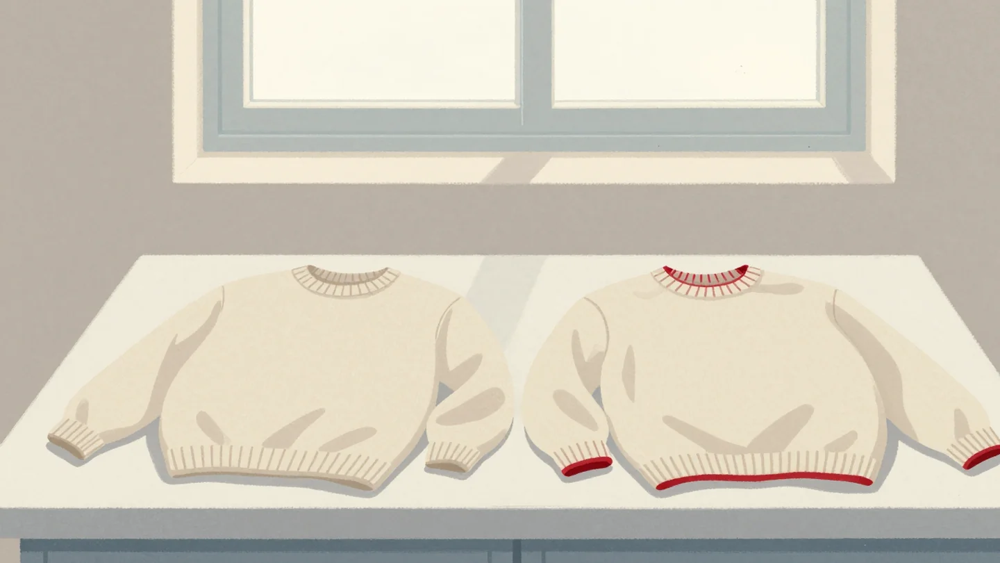 Gouache painting: on a laundry table, two wool sweaters lie side by side, the same cream color, each with the same vermilion loop at the collar