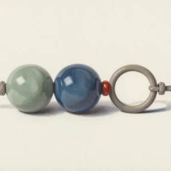 Sage and slate-blue ceramic beads, a small vermilion spacer and an empty ring on a braided cord.