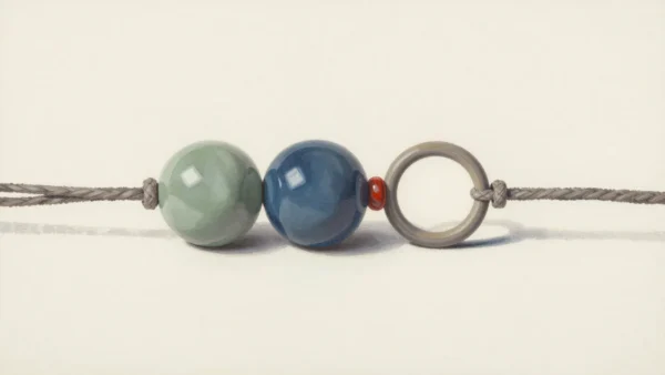 Sage and slate-blue ceramic beads, a small vermilion spacer and an empty ring on a braided cord.