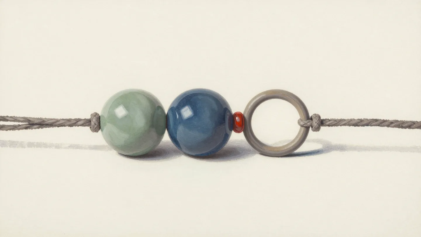 Sage and slate-blue ceramic beads, a small vermilion spacer and an empty ring on a braided cord.