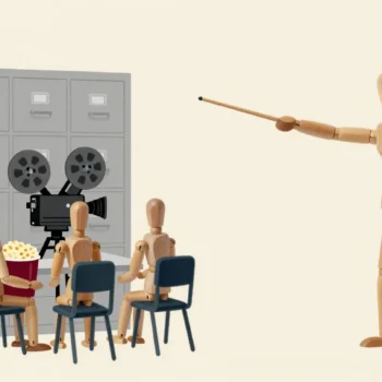 Wooden mannequins with popcorn wait for a filing cabinet to play a movie while another one explains