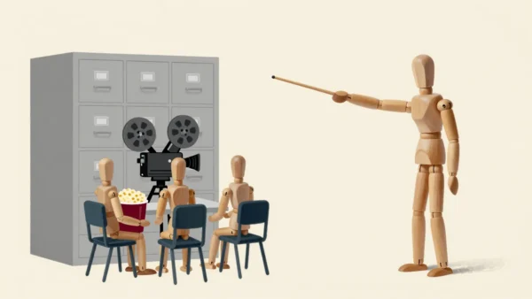 Wooden mannequins with popcorn wait for a filing cabinet to play a movie while another one explains