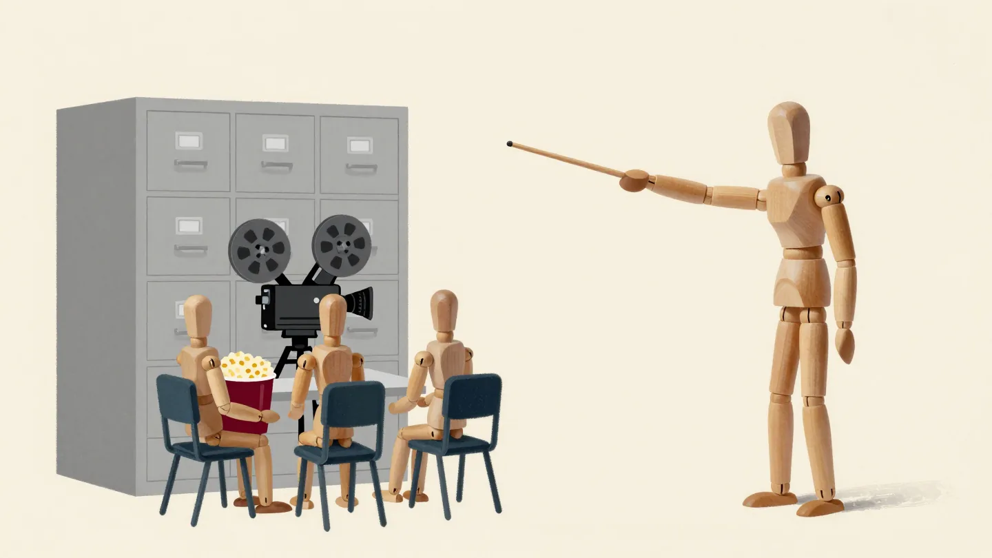 Wooden mannequins with popcorn wait for a filing cabinet to play a movie while another one explains