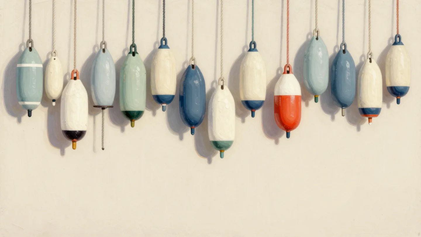 Painted fishing buoys hanging on a harbor wall in color groups, a few bare, one red buoy among the blue