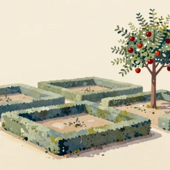 A garden of perfectly clipped square hedges, while one overgrown apple tree in the corner stands unpruned.