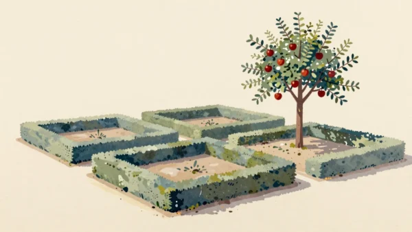 A garden of perfectly clipped square hedges, while one overgrown apple tree in the corner stands unpruned.