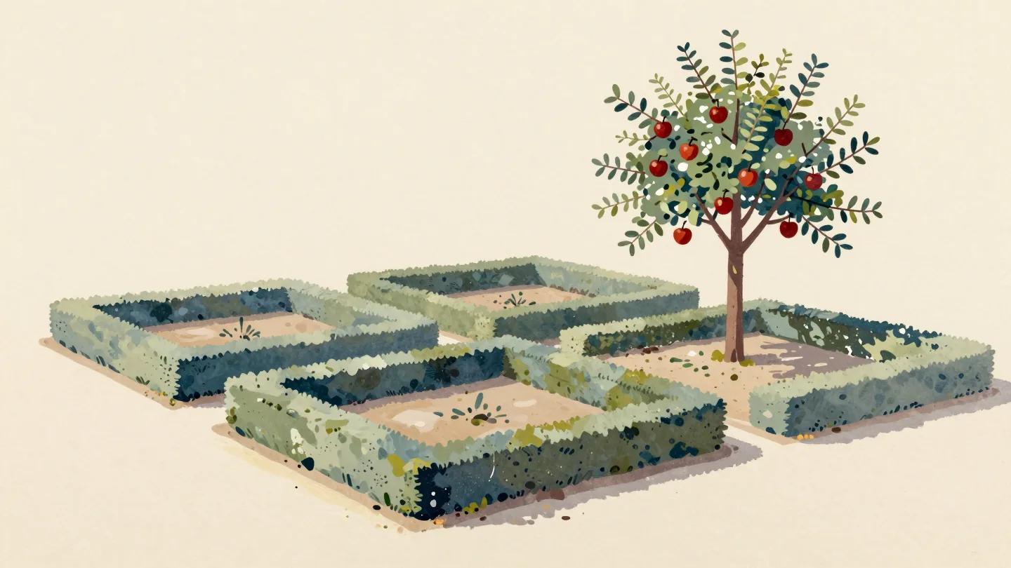 A garden of perfectly clipped square hedges, while one overgrown apple tree in the corner stands unpruned.
