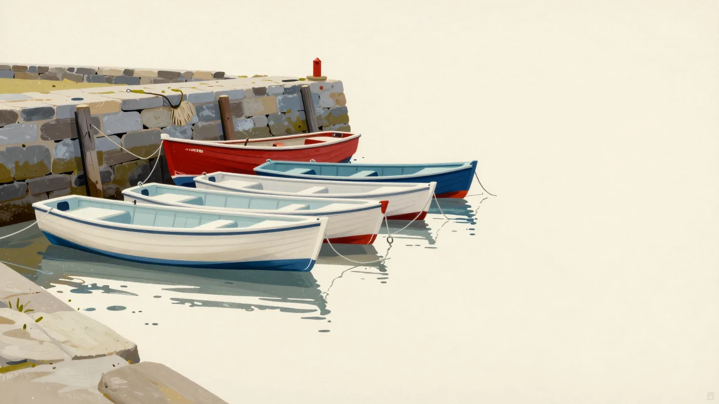 A row of moored rowboats in a quiet harbor, with one weathered red dinghy hidden behind the pilings.