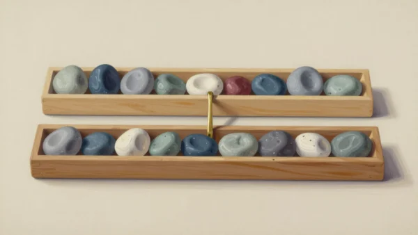 LAST_VALUE window frame illustration, two wooden trays holding smooth stones beside a brass divider.