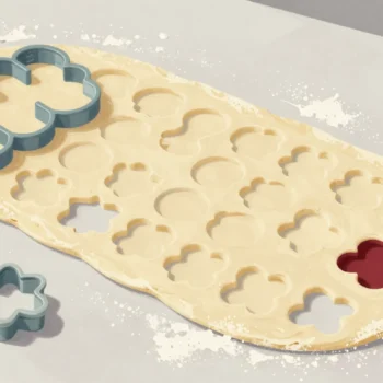 A long sheet of rolled dough cut into many identical shapes in one press, a single small cookie cutter lying beside it.