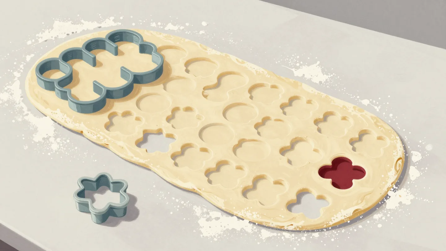 A long sheet of rolled dough cut into many identical shapes in one press, a single small cookie cutter lying beside it.