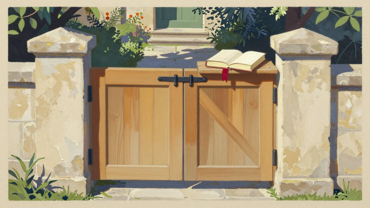 A closed wooden garden gate has a dark sliding bolt and an open blank book resting on its top.