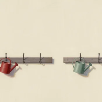 Gouache painting: in a garden shed two identical wooden rails each carry eight hooks