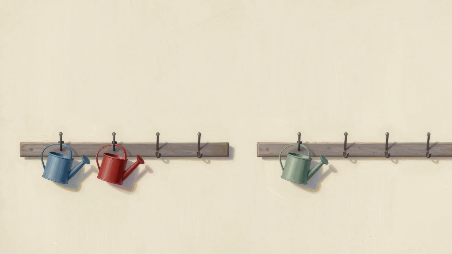 Gouache painting: in a garden shed two identical wooden rails each carry eight hooks