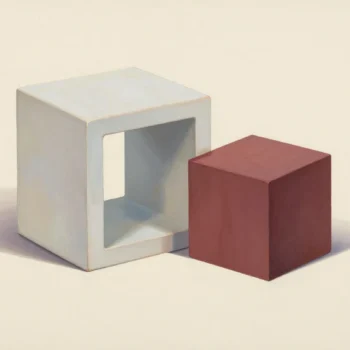 A plain pale wooden block with a square opening beside a larger vermilion cube.