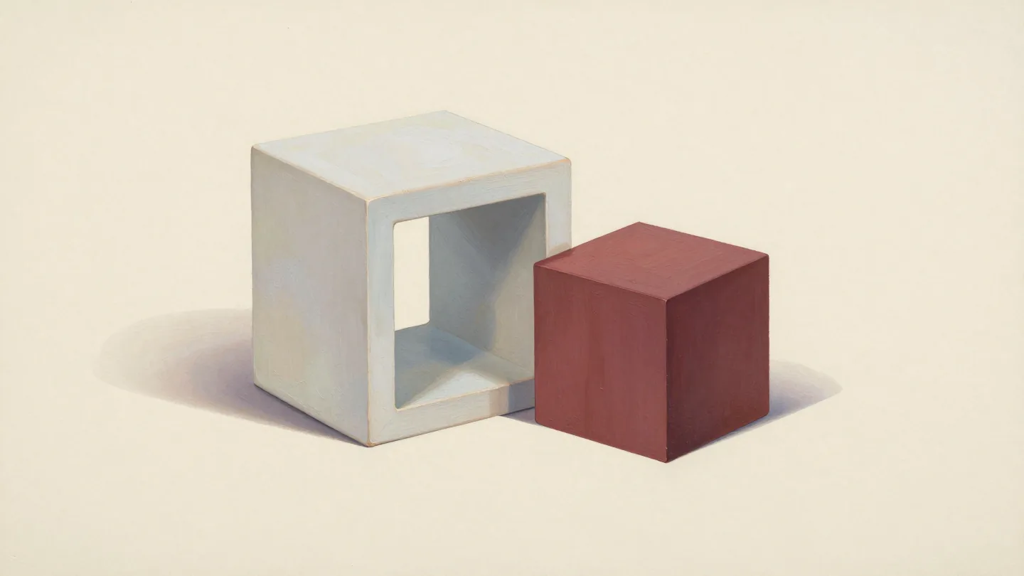 A plain pale wooden block with a square opening beside a larger vermilion cube.