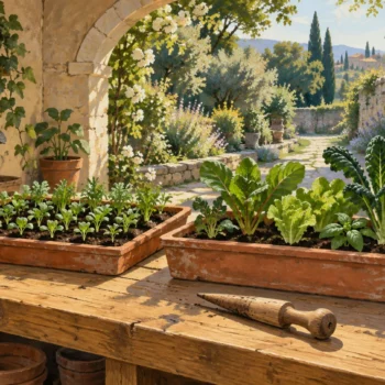 Two terracotta planting trays hold small seedlings and larger leafy plants on a wooden potting table.
