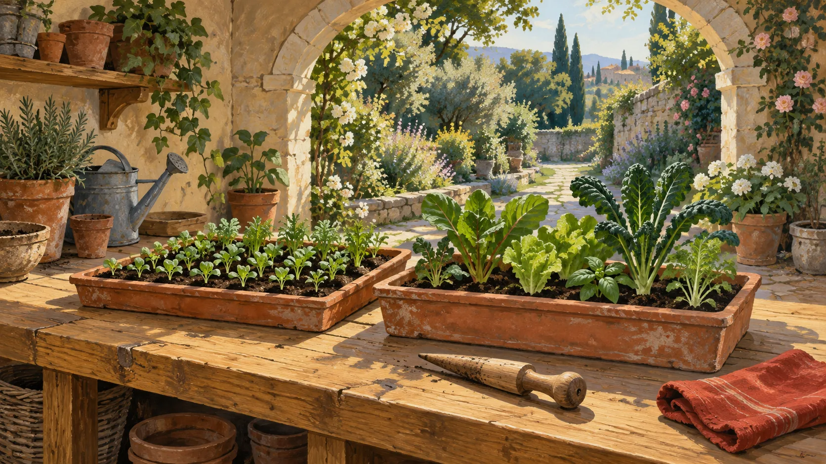 Two terracotta planting trays hold small seedlings and larger leafy plants on a wooden potting table.