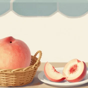 Gouache painting: at a market stall a wicker basket holds one whole peach, the largest, left behind