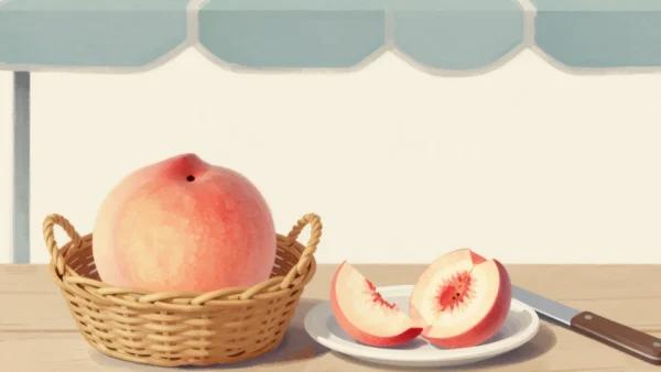 Gouache painting: at a market stall a wicker basket holds one whole peach, the largest, left behind