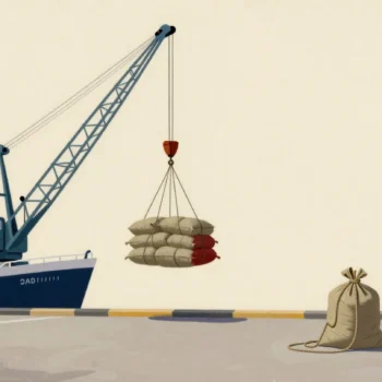 A harbor crane lifting a cargo net full of sacks onto a boat, with one sack waiting alone on the quay