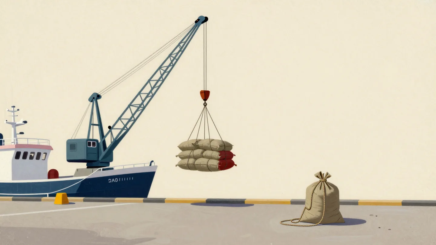 A harbor crane lifting a cargo net full of sacks onto a boat, with one sack waiting alone on the quay