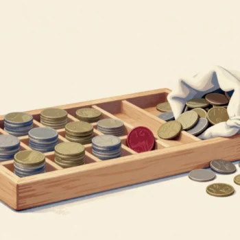 A wooden coin-sorting tray with coins stacked by size, one large coin stuck in the wrong channel, a bag of coins beside it.