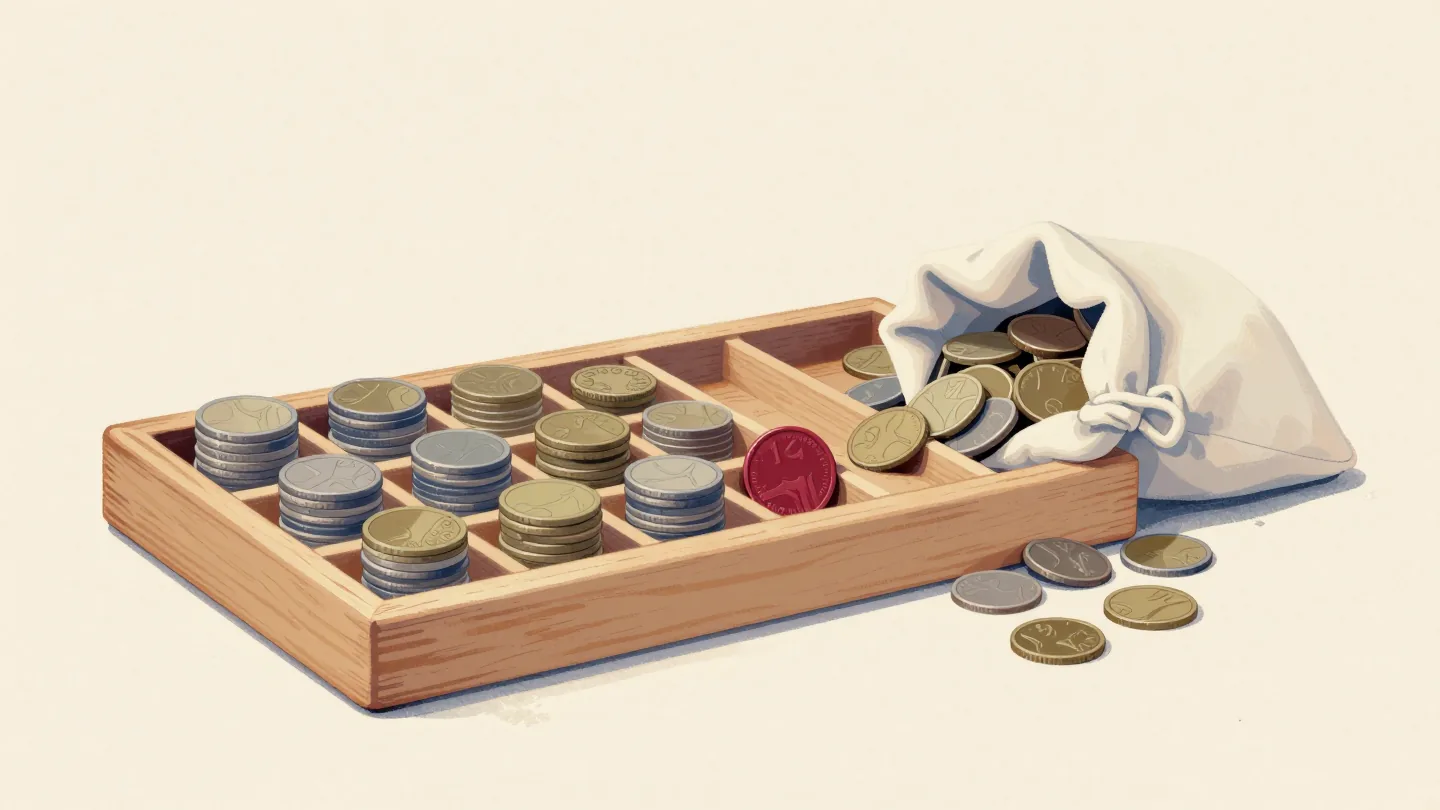 A wooden coin-sorting tray with coins stacked by size, one large coin stuck in the wrong channel, a bag of coins beside it.