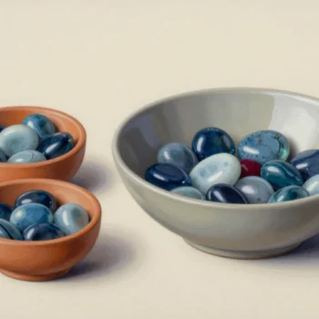 Two small terracotta bowls and one large pale bowl holding blue pebbles, with one vermilion pebble in the large bowl.