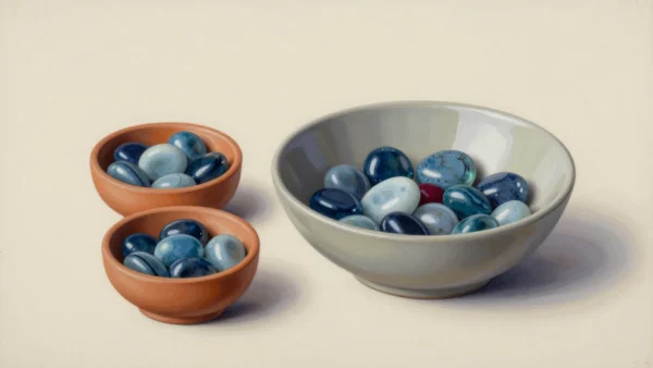 Two small terracotta bowls and one large pale bowl holding blue pebbles, with one vermilion pebble in the large bowl.