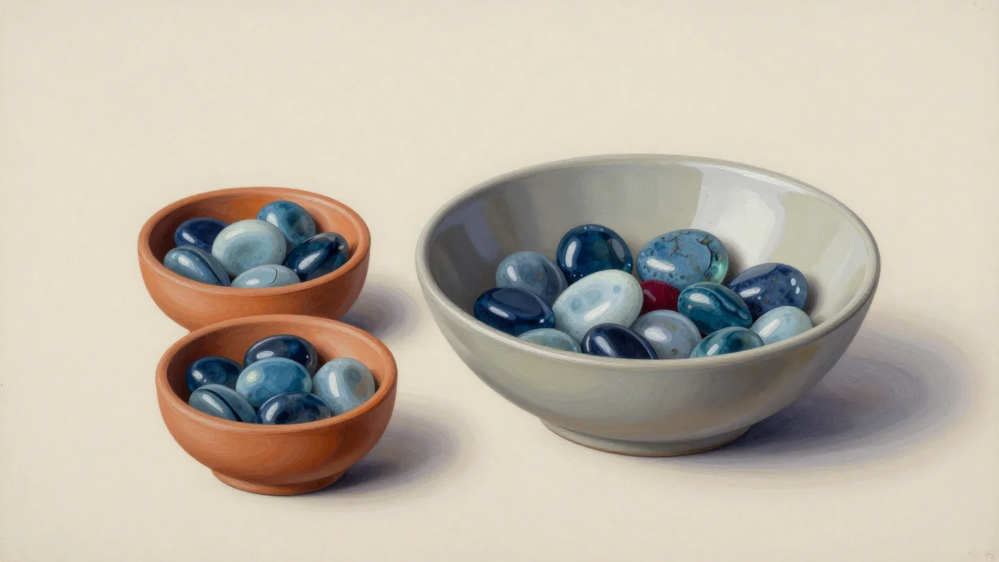 Two small terracotta bowls and one large pale bowl holding blue pebbles, with one vermilion pebble in the large bowl.