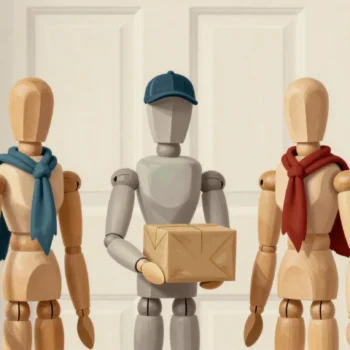A confused wooden mannequin mail carrier holding a parcel between two look-alike mannequins in different scarves